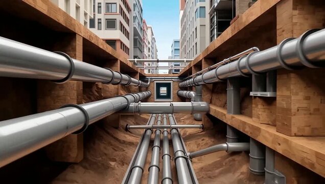 Underground pipe network between urban buildings.