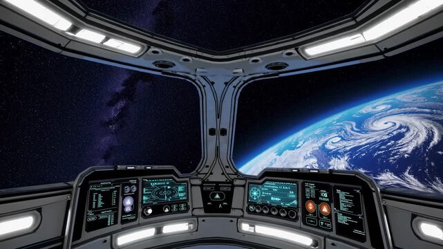 Futuristic spaceship cockpit view of Earth from space. Wide-angle shot captures detailed control panels. Ideal for sci-fi video projects. Live desktop wallpaper.