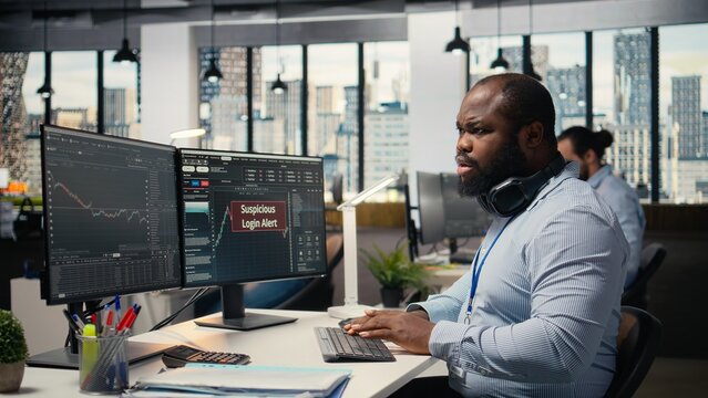 Prop firm day trader panicked by suspicious login attempt warning on trading software interface. Brokerage company worker seeing security alert notification of unauthorized login activity