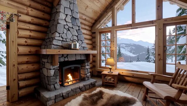 Cozy Snowy Mountain Cabin Interior with Stone Fireplace.