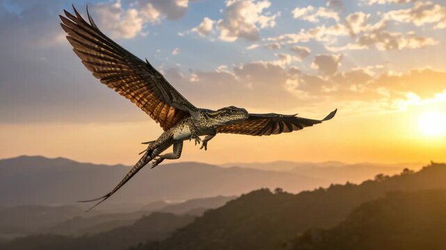 Prehistoric winged reptile flying over mountains at sunset