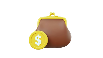 3D Render of a Brown Coin Purse with a Dollar Coin