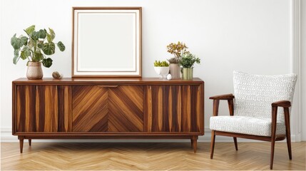 Elegant wooden cabinet with framed artwork and armchair in a bright interior