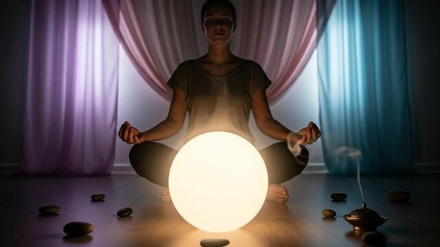 A serene meditation scene with a glowing orb and calming atmosphere.