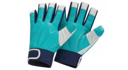 Teal and navy blue sports gloves with white accents isolated on a transparent background