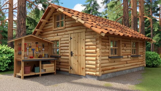 Cozy wooden cabin in forest clearing with trees.