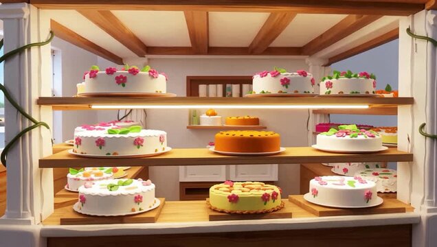 Delicious Cakes Displayed In A Cozy Bakery Window.