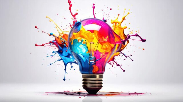 Colorful light bulb exploding with vibrant paint splashes, symbolizing creativity and new ideas