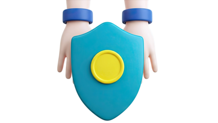 Hands holding a shield with a coin emblem