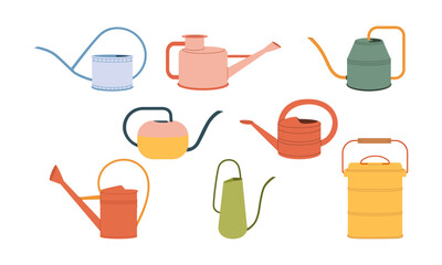 Set of colorful garden watering cans in flat vector style. Decorative collection of gardening tools isolated on white, perfect for spring, gardening, farming and outdoor design projects. © Kateryna