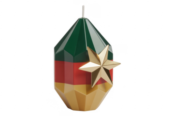 Green red and gold Christmas ornament star isolated on a transparent background