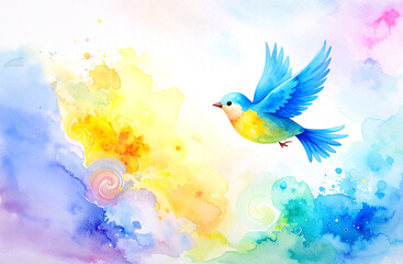Bluebird of Happiness in a vibrant, uplifting, romantic, dreamy, composition featuring pastel colors. 