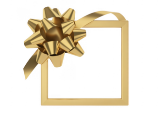 Golden gift frame with bow golden bow isolated on a transparent background