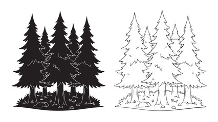 Fototapeta premium Christmas tree vector illustration of a festive winter pine forest with snowflakes and holiday decoration design