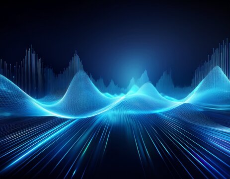 futuristic blue digital soundwave pattern with glowing light and depth creating a dynamic abstract technology design - Powered by Adobe