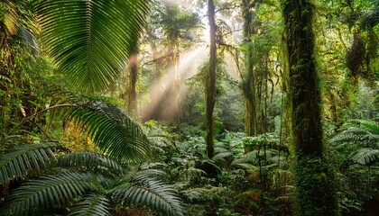 sunlight streaming through dense rainforest canopy in lush greenery