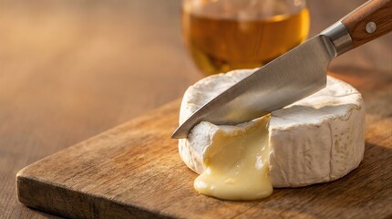 gourmet experience with soft cheese and wine on rustic wooden board in warm light