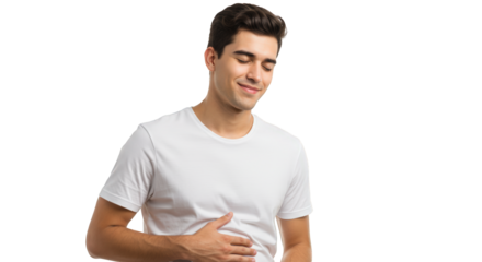 Man wearing white t-shirt with hand on stomach for health and wellness concept, Isolated On Transparent Background
