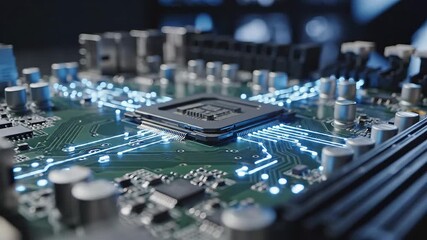 Intricate closeup of a glowing blue circuit board with a central processor symbolizing advanced technology artificial intelligence data processing and the future of digital innovation and highspeed c. - Powered by Adobe