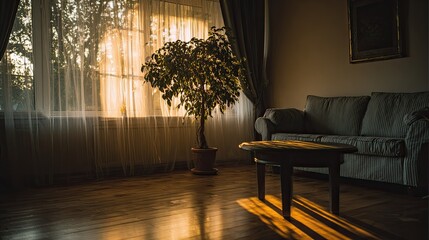 Living room interior with sunlight through window and potted plant detail