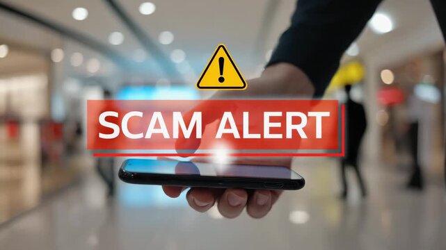 Scam Alert Warning on Smartphone Screen, online fraud awareness concept, cybersecurity and digital safety