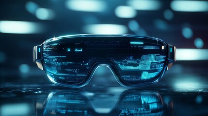 Futuristic smart glasses with glowing blue digital display
