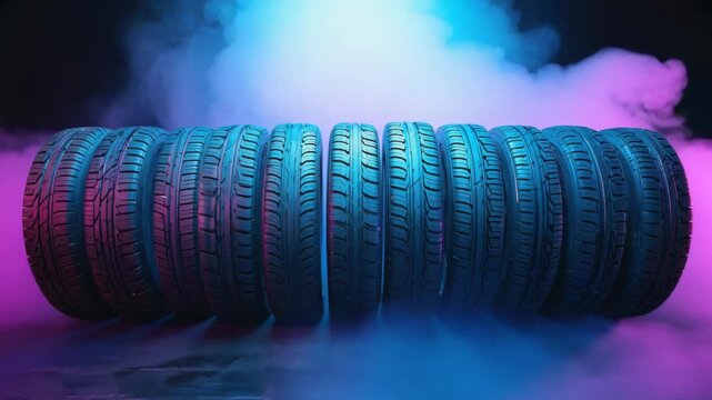 Row of Car Tires in Neon Smoke, automotive performance concept, speed and power