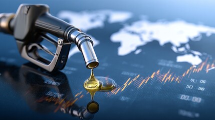 Fuel nozzle pouring oil onto financial graph with world map