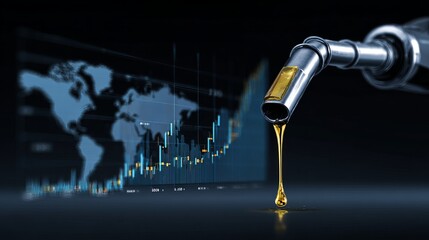 Golden oil flowing from industrial nozzle with global market graph