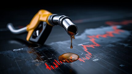 Fuel nozzle drips oil onto declining stock market graph