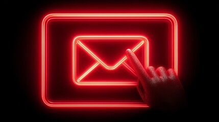 Finger touching glowing red email icon on dark background