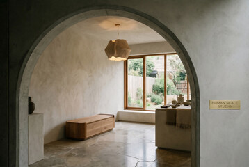 Warm Dining Space with Arched Window