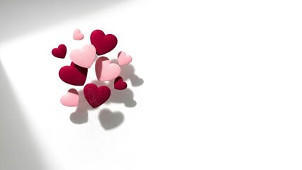 Floating Pink and Red Hearts with Shadows on White Background