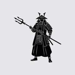 Japanese Samurai Warrior Silhouette Holding Trident Spear Isolated on grey Background
