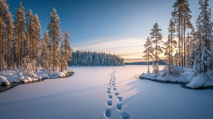 Footprints traverse a vast frozen lake surrounded by snow-covered evergreen forest during golden hour
