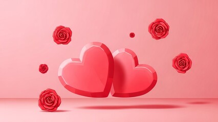 Floating Red Hearts with Roses on Pink Background