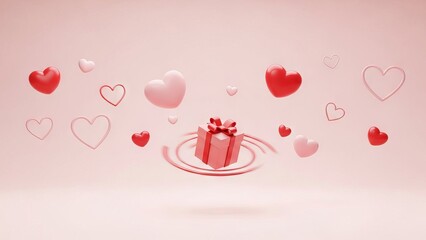 Floating Hearts and Gift Box on Pink Background
