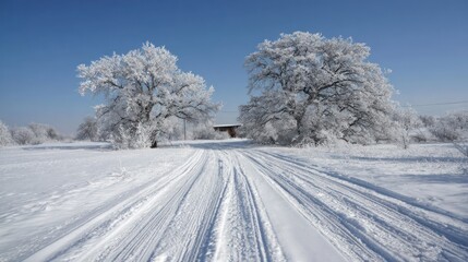 Snow covered rural pathway leads toward frosted trees under a clear blue sky