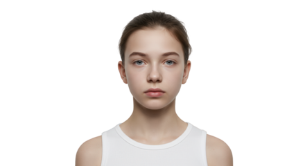 Young woman wearing white tank top for fashion and apparel branding, Isolated On Transparent Background
