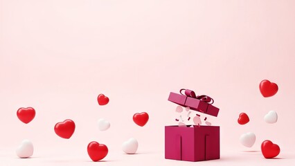 Open gift box with red and white hearts floating out