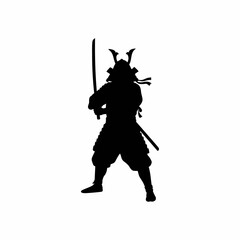 Japanese Samurai Warrior Silhouette Holding Katana Sword Isolated on White Background