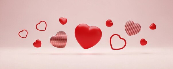 Floating Red Hearts on a Soft Pink Background for Romance