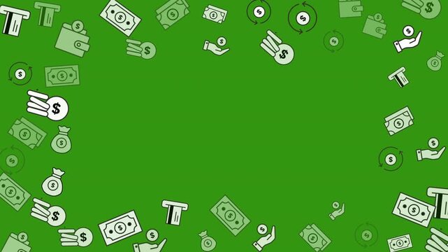 Abstract finance and money icon pattern with dollar currency symbols on a vibrant green background, creating a dynamic business or financial concept design.