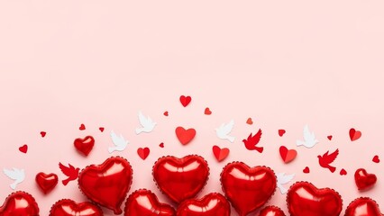 Valentine's Day Decorations with Red Hearts and Doves on Pink