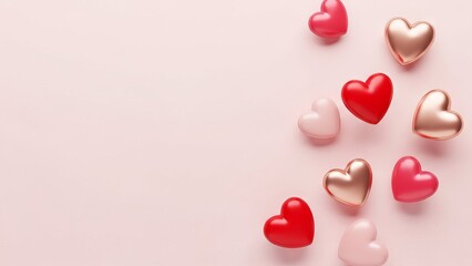 Assortment of Shiny Hearts on Soft Pink Background