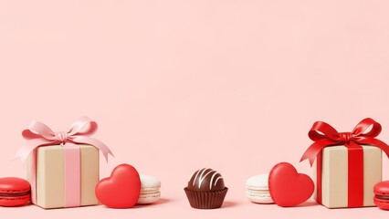 Valentine's Day gifts, chocolates, and macarons on pink background