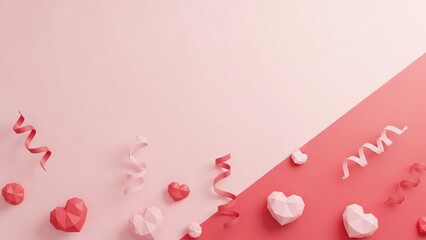 Pink Background with Geometric Hearts and Confetti Ribbons