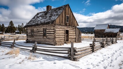 Rustic weathered log cabins stand surrounded by split rail fencing amidst fresh winter snow