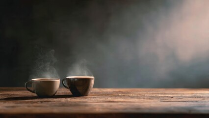 Hot Coffee Mugs on Wooden Table