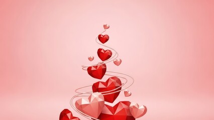 Abstract low-poly hearts ascending on a pink background